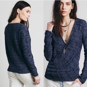 Free People • Small • Linen Blend • Blue Gotham Faux Wrap Long Sleeve Sweater